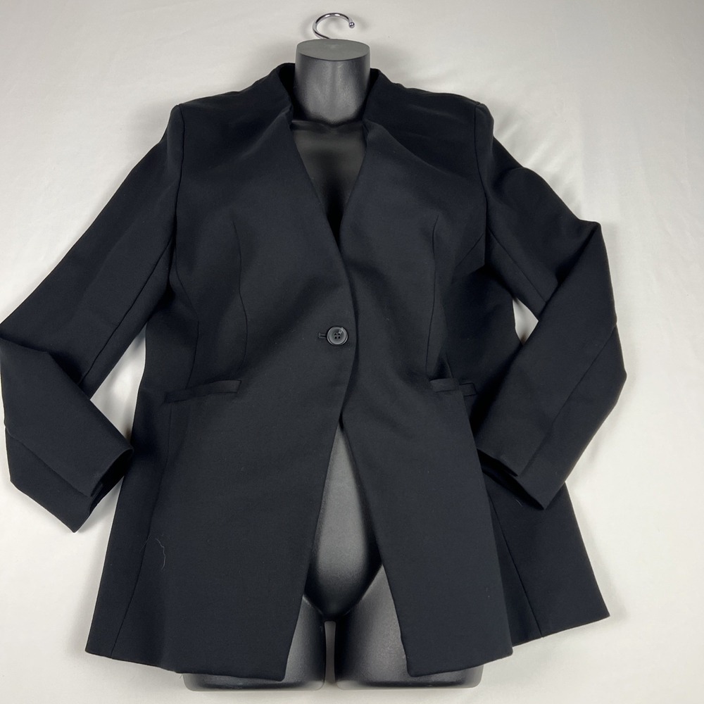 Spanx Womens Black Oversized Blazer Collarless Single Button Knit Jacket Size M